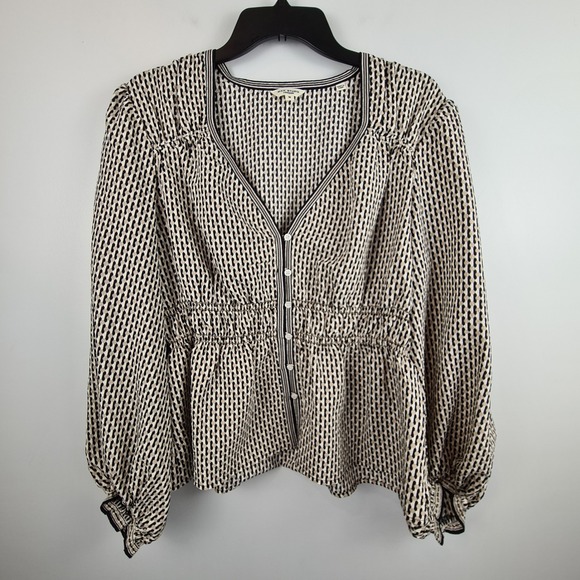 Max Studio London Tops - Max Studio London Womens Tan Black Geometric Peplum Balloon Sleeve Blouse M